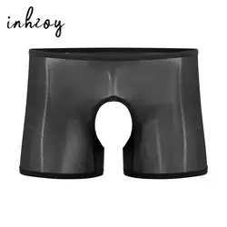 Erkek parlak dikişsiz Crotchless Boxer külot iç çamaşırı erotik açık kasık Boyshorts eşcinsel erkek seks iç çamaşırı gecelikler See Through