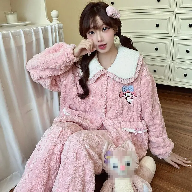 2 قطعة أنيمي لطيف طباعة المرأة منامة فتاة حلوة أفخم الملابس المنزلية الدافئة الكرتون Kawaii طالب بيجامة مجموعة الشتاء الدافئة ملابس خاصة