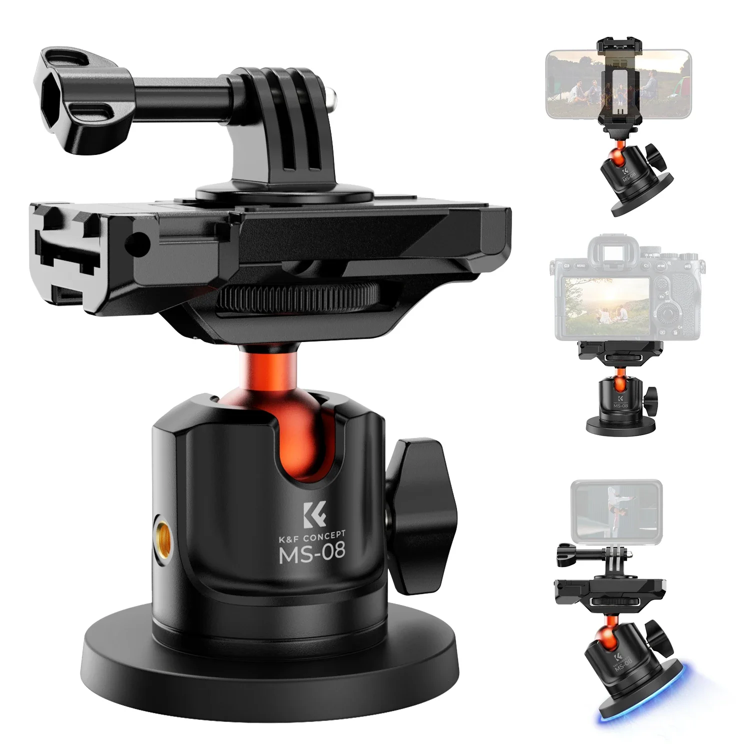 K&F CONCEPT Zwart MS08 Magnetisch Camerabeugelset met 360 Graden Balhoofd en Telefoonklem voor DJI Osmo Action 5 Pro 4 3 GoPro HERO 13 12 Insta360 X4 X3 Ace Pro