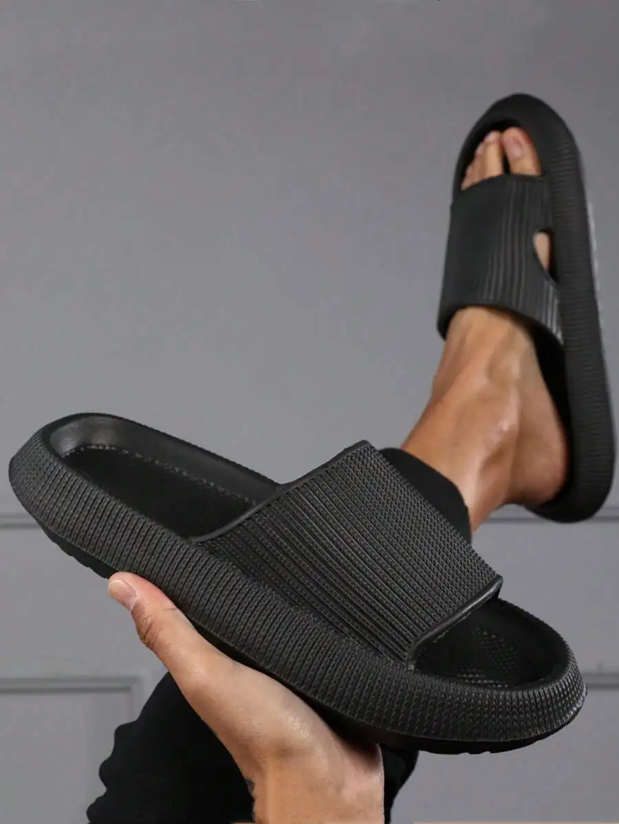 

Men's Spring To Summer Home Slippers, Lightweight & Thick-Soled Black Slippers, Non-Slip Beach & Outdoor Sport Slippers For Larg