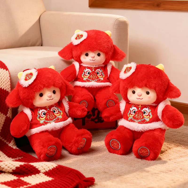 Sheep Plush Doll 18 To 55cm Red Festive Stuffed Animal with Chest Embroidery for Bedroom Display Festive Room Accent Gift