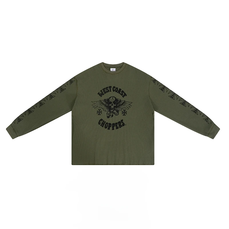 American Streetwear West Coast Choppers Long Sleeve High Street Vintage Skull Print Waffle Sanskrit Long Sleeve T-Shirt