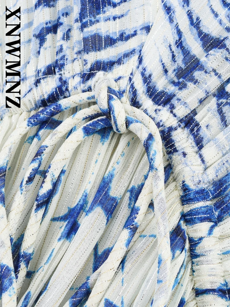 XNWMNZ 2025 Wiosna Kobieta Moda boho V-Collar Print mini sukienki Szykowne wakacje Lato Kobieta Niebieski długi rękaw Sukienka w kratę Krawat