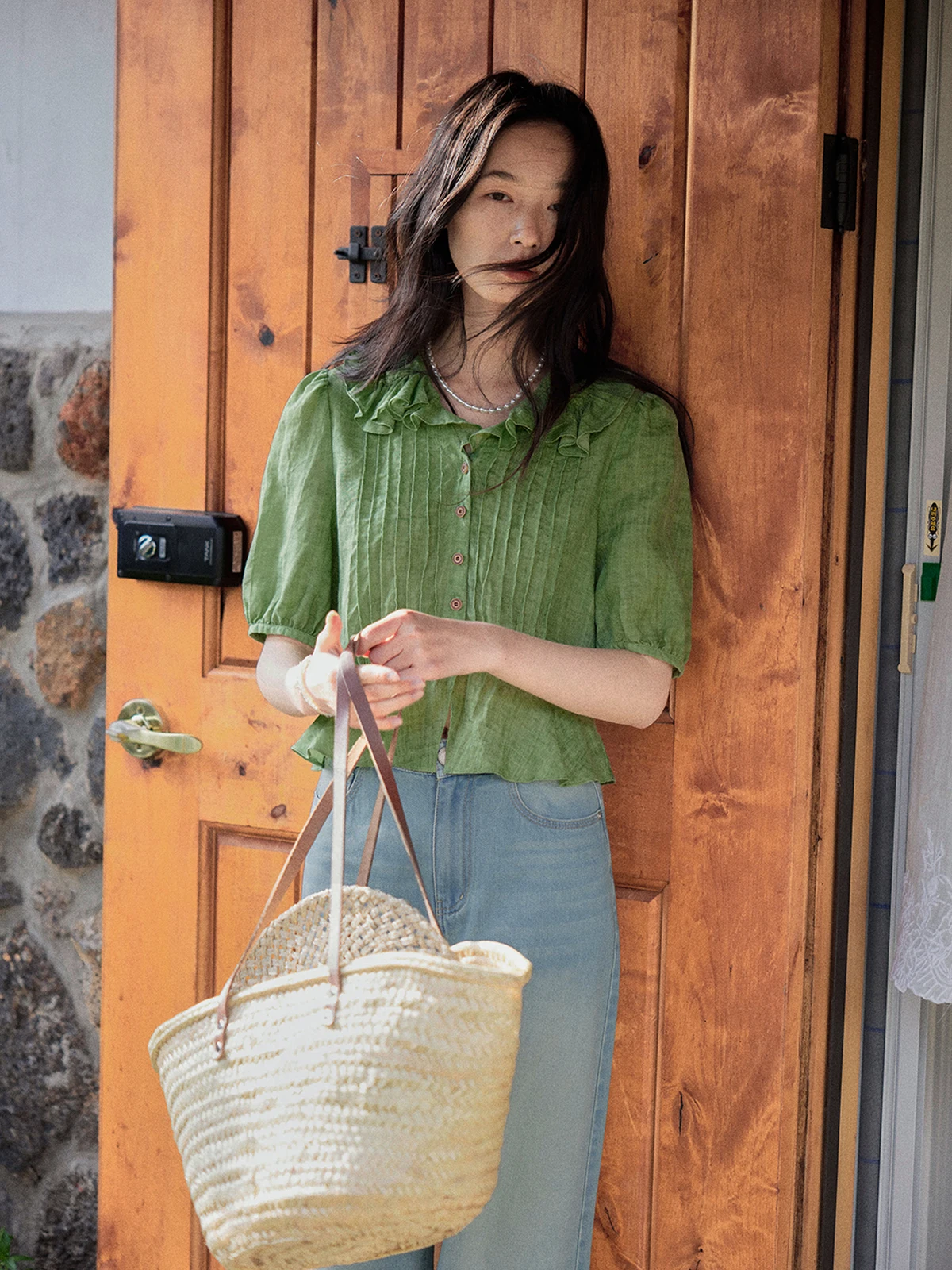 

Женская футболка Solighter с коротким рукавом, сборчатым поясом и декором в виде листьев лотоса, из льняной смеси, комфортная посадка, летняя мода