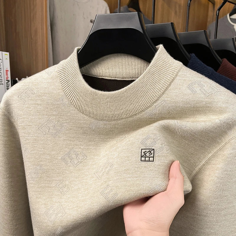 高級メンズ新秋長袖ニットプルオーバーラウンドネック刺繍保温高品質セーターレジャービジネストップス