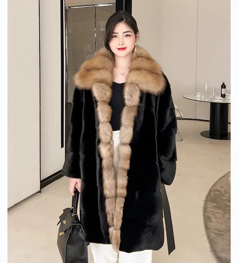 Long Mink Fur Coat for Women, Purple Mink Fur Lapel, 100% Genuine Mink Fur Jacket, European Street Style, Very Warm, 2023