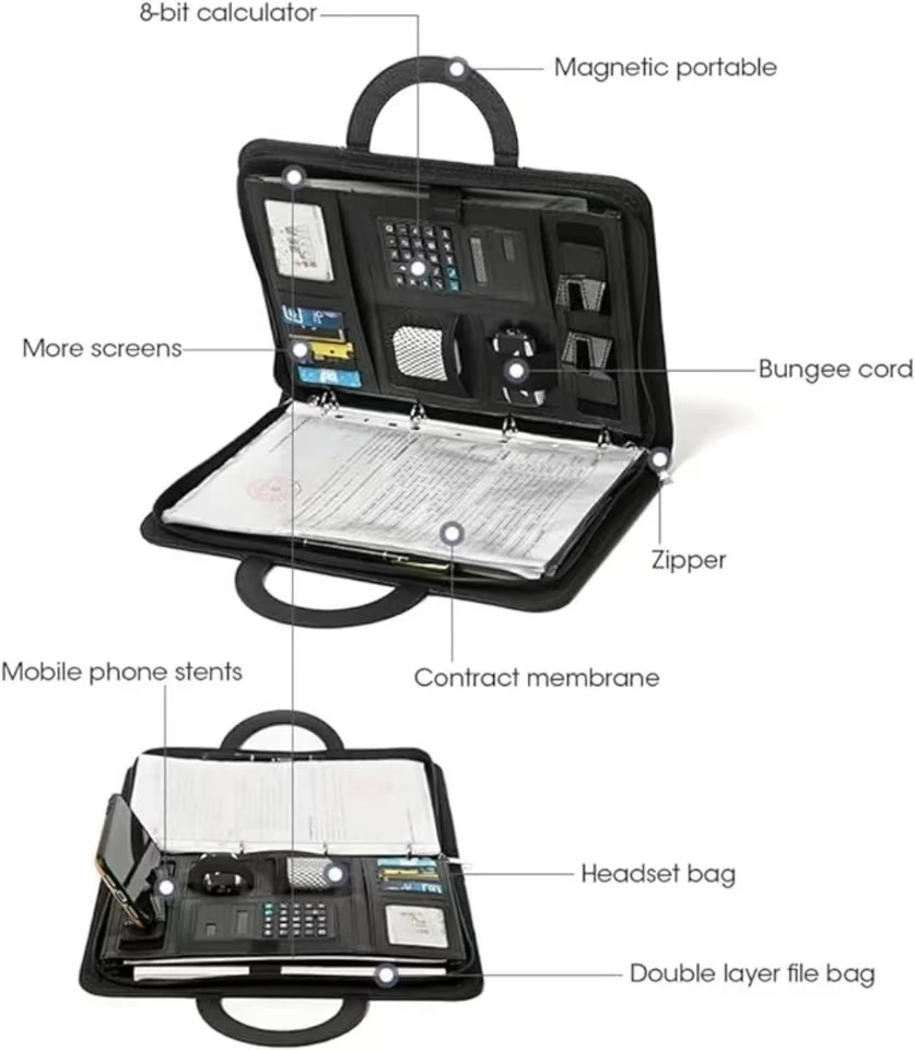 Кожаный портфель формата А4, папка с четырьмя кольцами на молнии, профессиональный органайзер для деловых документов, магнитная ручка