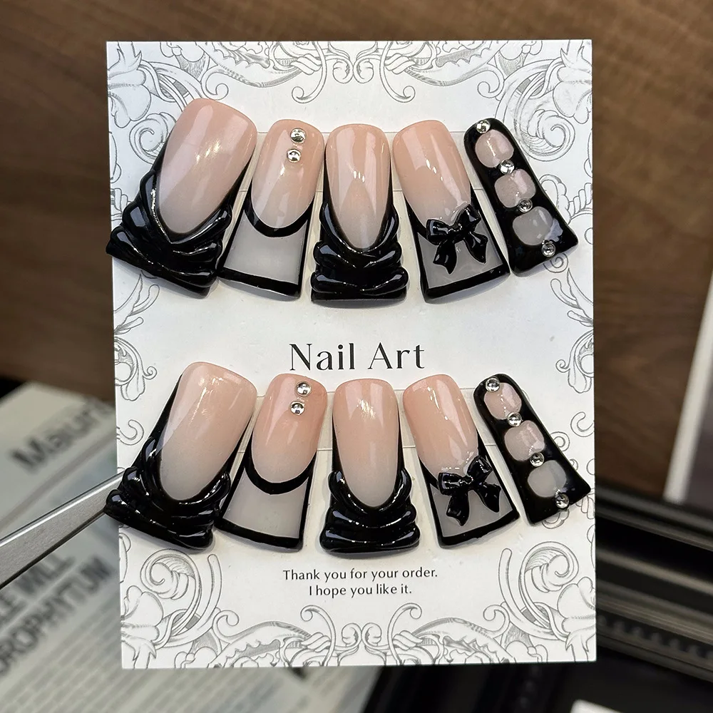 Handmade Fake Nails Duckbill Nail Art Black Butterfly Knot Press on Nails for Women Wearable French Spice Girls False Nails