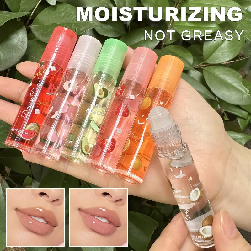 

Random One Roll on Fruit Lip Oil Clear Glass Lip Gloss Colorless Lip Glaze Hydrating Moisturizing for Juicy Lips