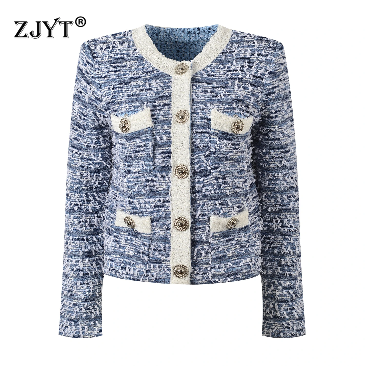 ZJYT Autumn Winter Single Breasted Cardigan Sweaters for Women Knitting Tops Long Sleeve Knitwears Jersey Mujer Blue 2024 New