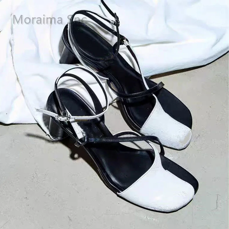 Catwalk Split Toe High Heeled Sandals for Women Cross Strap Chunky Heels Summer Shoes Black Silver White Leather Novelty Sandals