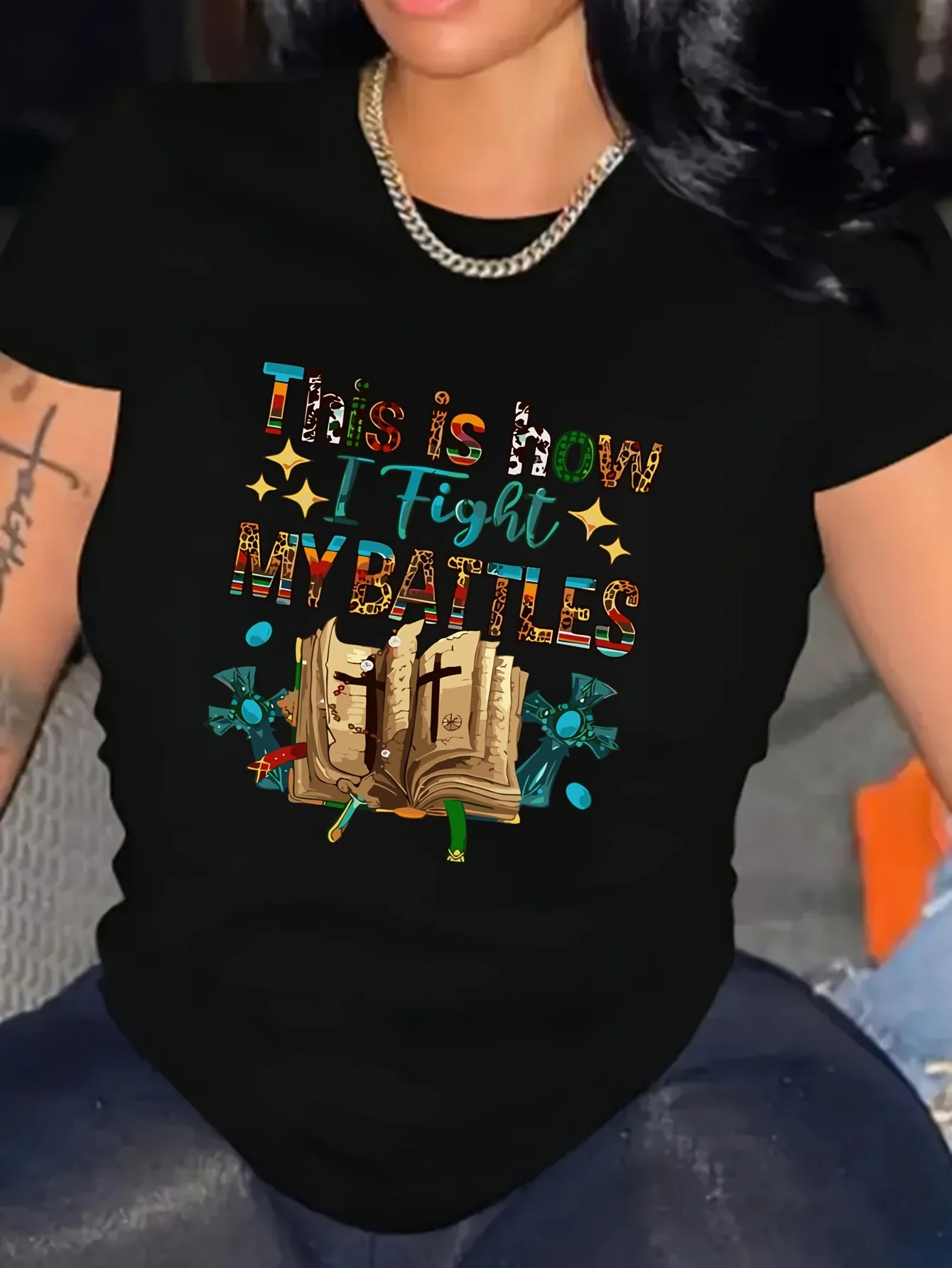 Battles Fashion Women's Colorful English Letter Book Pattern Printed Round Neck T-shirt Summer Casual Top