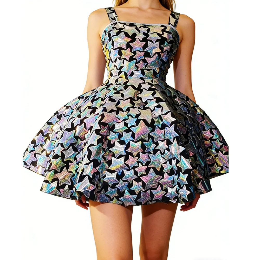 

Silver Laser Mirror Bubble Dress Women Singer Dancer Stage Dance Costume Birthday Party Short Dress Sexy Music Festival Clothing