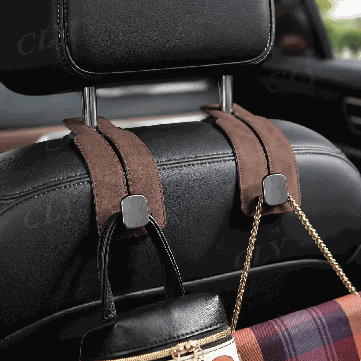 

1PC Quality Car Headrest Hook Premium Suede Rear Seat Hanging Dual Hook 20KG Large Load-Bearing Alloy Hook Hanger Universal
