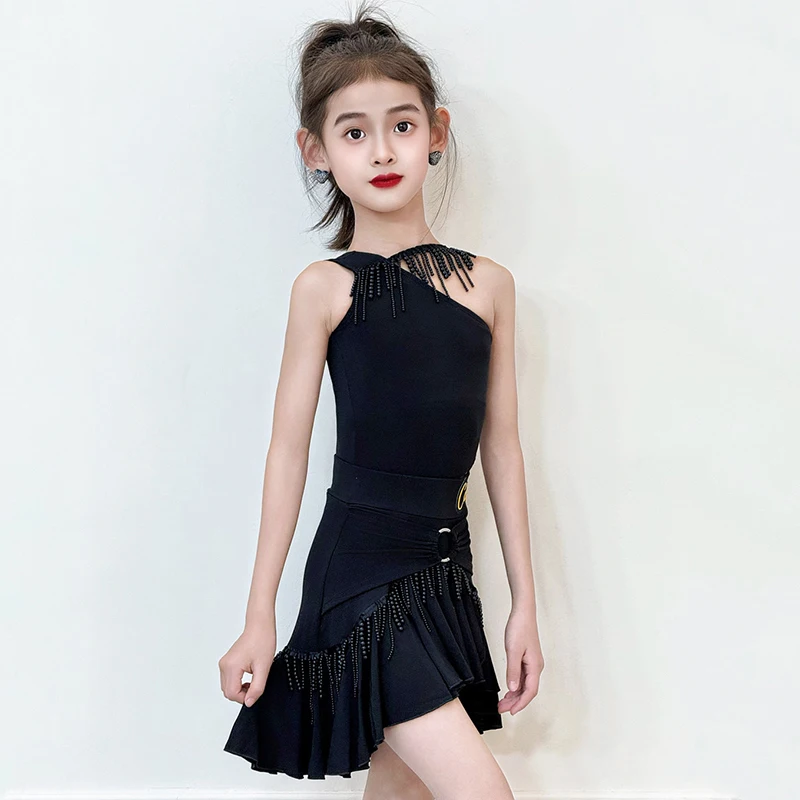 Children Latin Dance Performance Clothes Summer Black Sleeveless Bodysuit Ruffle Skirt Girls Rumba Dancing Training Outfit 3611