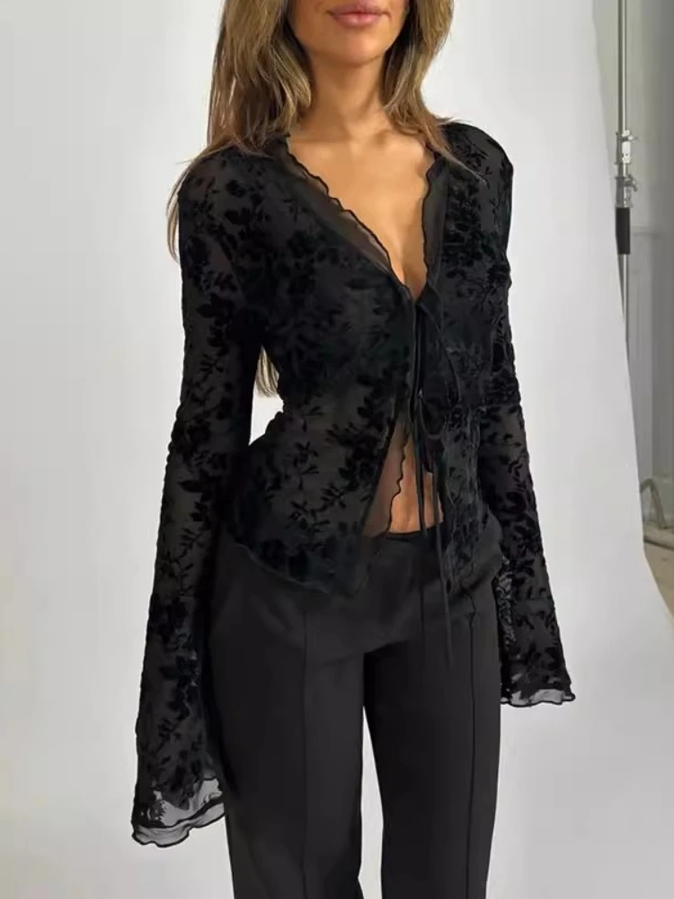 

Women's Sexy Velvet Floral Cardigan Summer Sheer Ruffle Bell Sleeve Cropped Top Lace-Up V-Neck Open Front Blouse