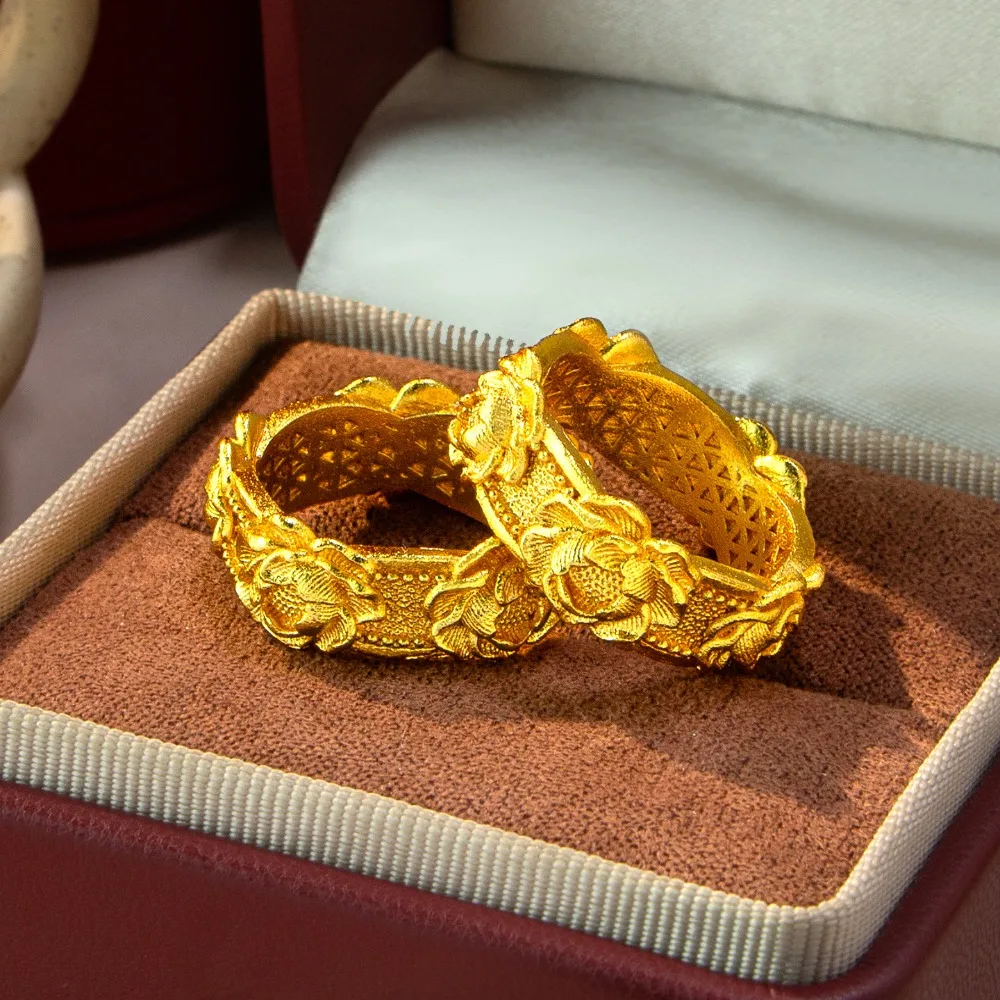 Three-dimensional chisel embossed peony ring small light luxury carved closed 9999gold