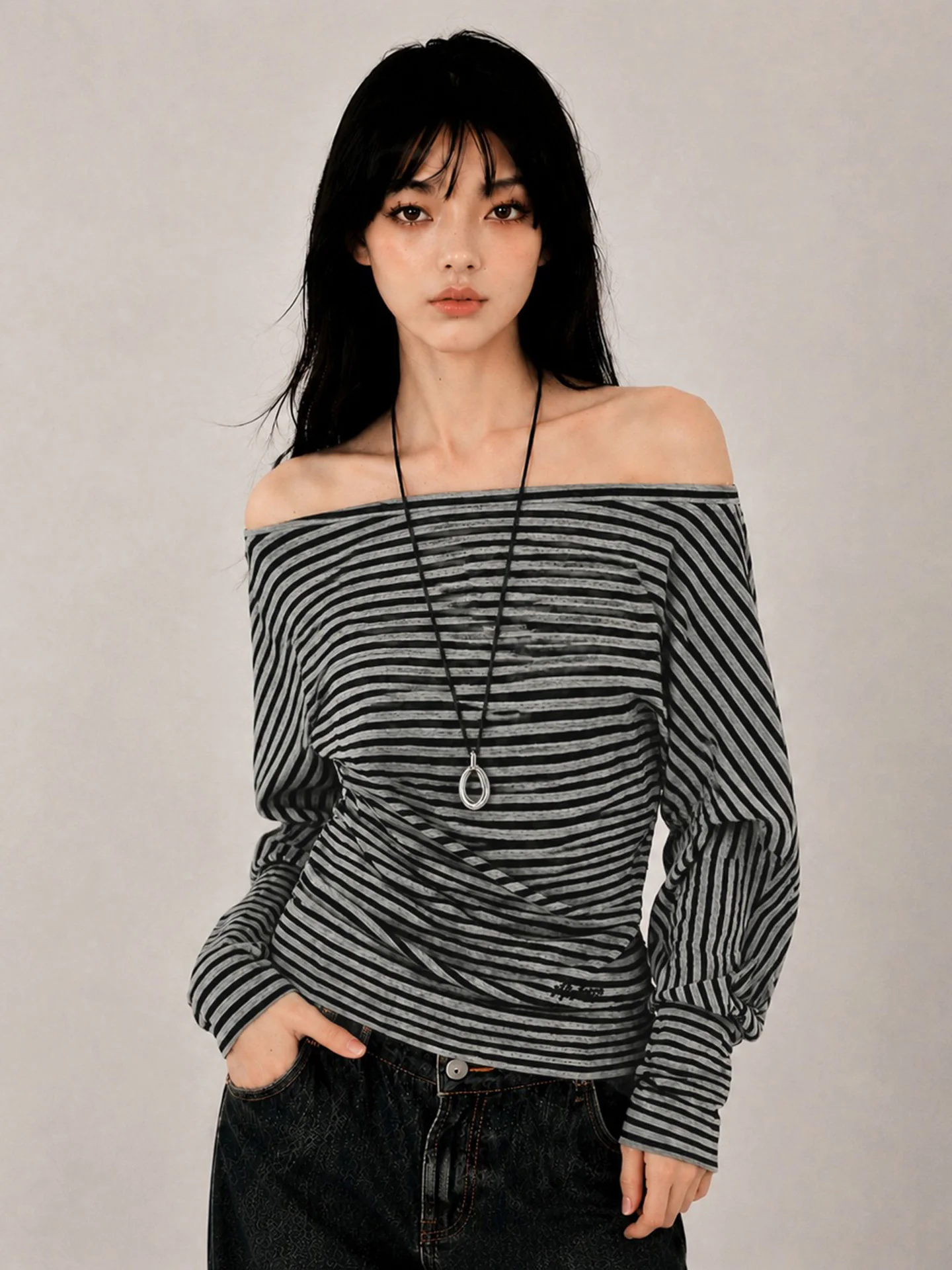 Funoff Vintage Striped One Shoulder Waist Cinched Long Sleeve T-Shirt Simple Slim Fit Shoulder Exposure Top for Women