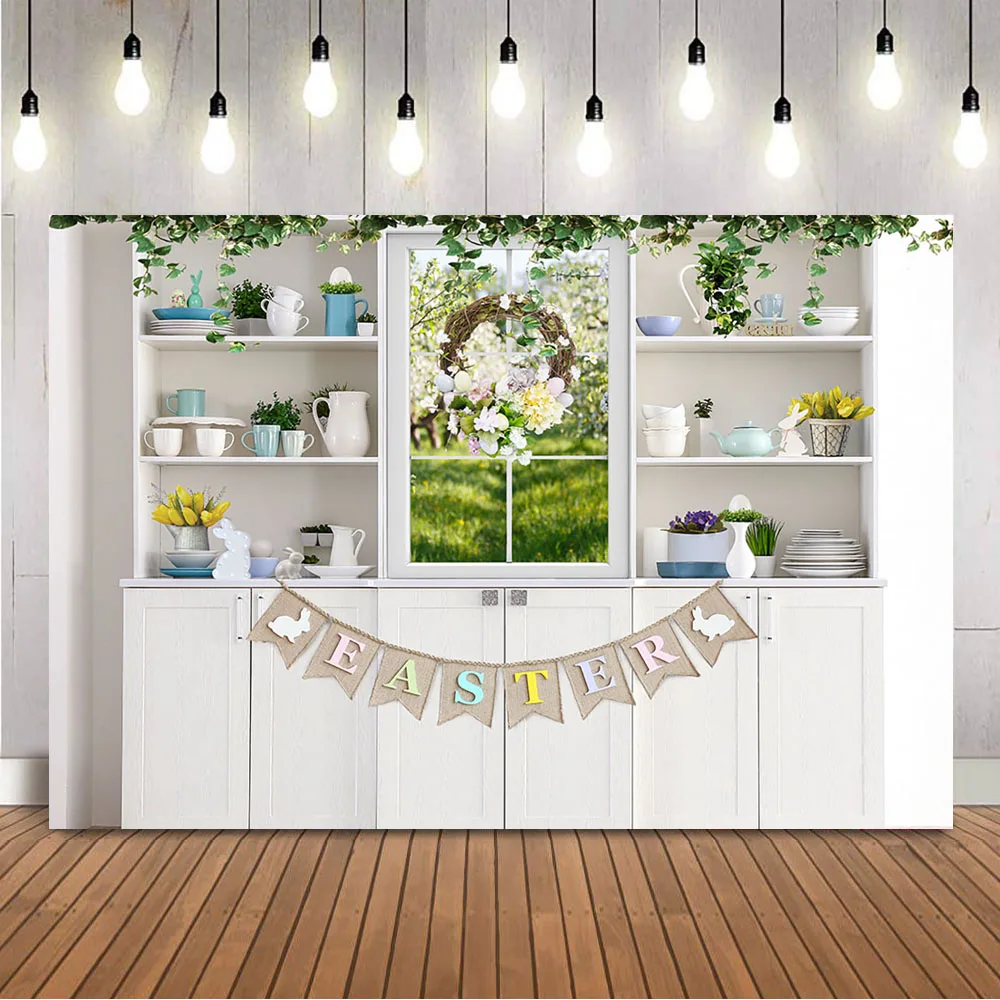 

Easter Backdrop White Cupboard Wreath Photo Background Spring Scene Photography Backdrop Children Baby Portrait Photocall