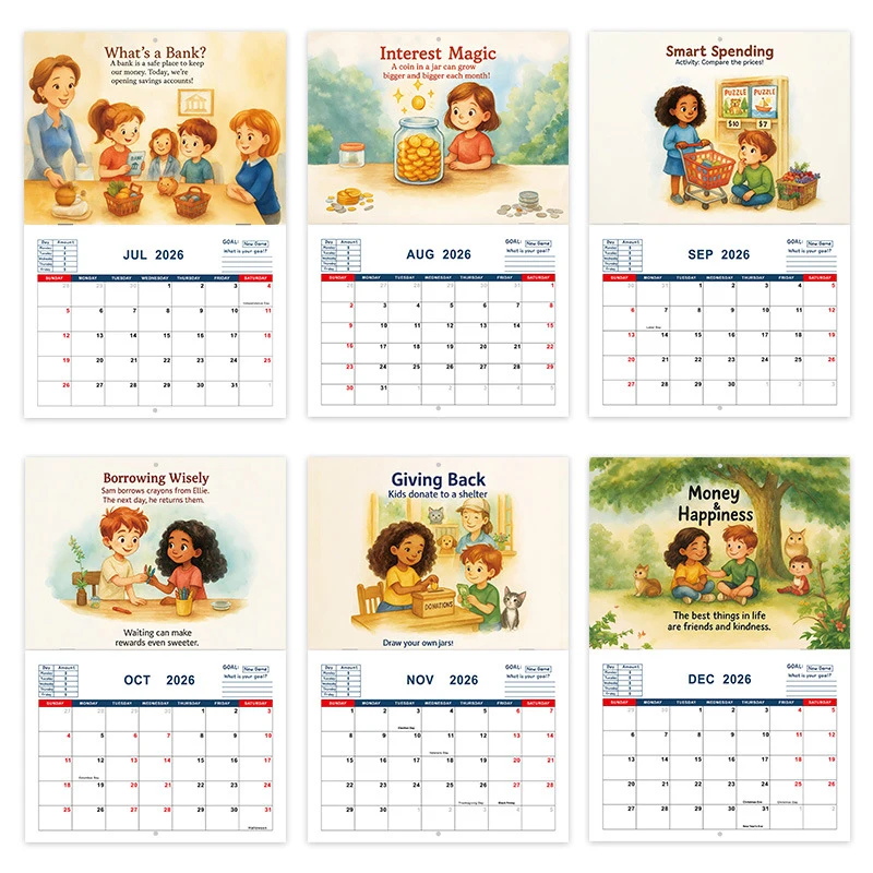 Tableau de calendrier pour enfants 2026 12 mois, gestion de l'argent, calendrier de planification, outil d'apprentissage éducatif interactif