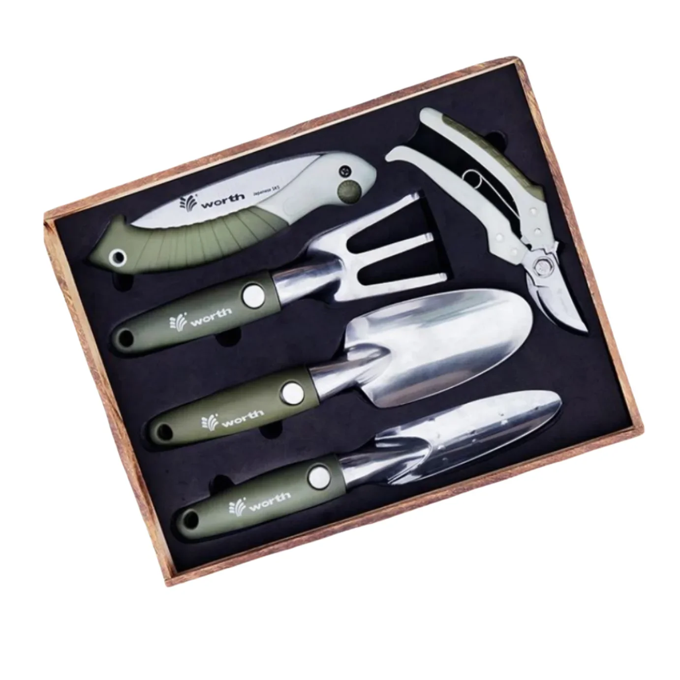 In Stock High Quality Deluxe Garden Tool Set 5pcs Pruner Folding Saw Gardening Tools Kit Hand Garden Tool Set With Wood Box