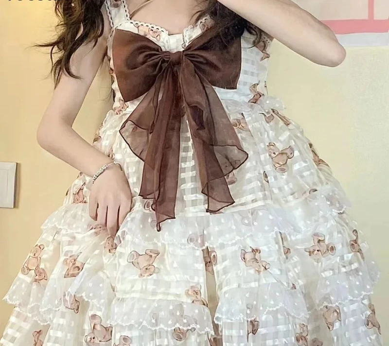 

Summer Sweet Lolita Princess Dress Women Chic M-4XL Dresses Japanese Kawaii Lace Ruffles Cosplay Bow Bear Print Tiered 2025