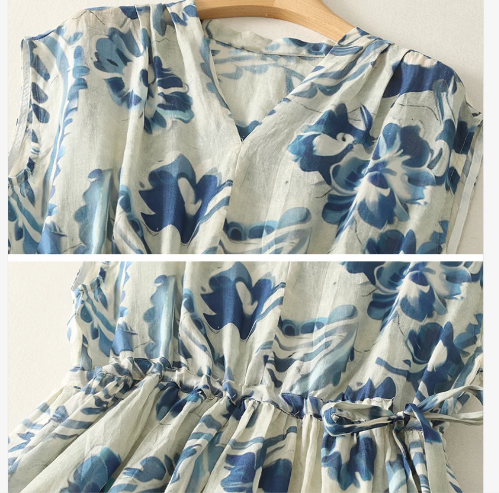 V-neck Blue Floral Printed Boho Style Cotton Linen Dress Women Summer Holiday Beach Sleeveless Long Dress Elegant Ladies A-line