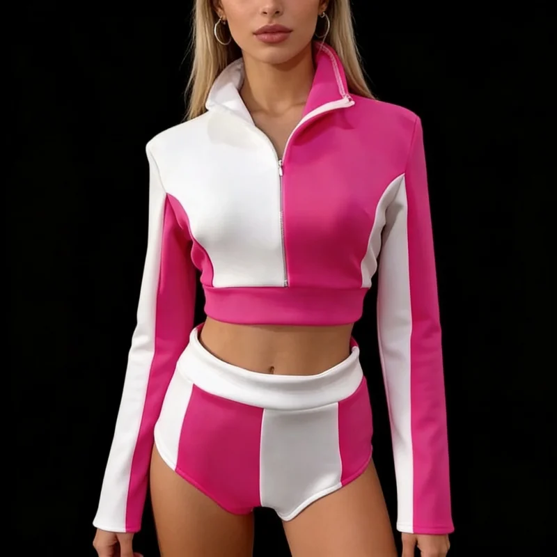 

Adult Female High Neck Tops Shorts Split Set Jazz Dance Gymnastic Team Cheering Squad 2 Piece Outfits Patchwork Bar Show Costume