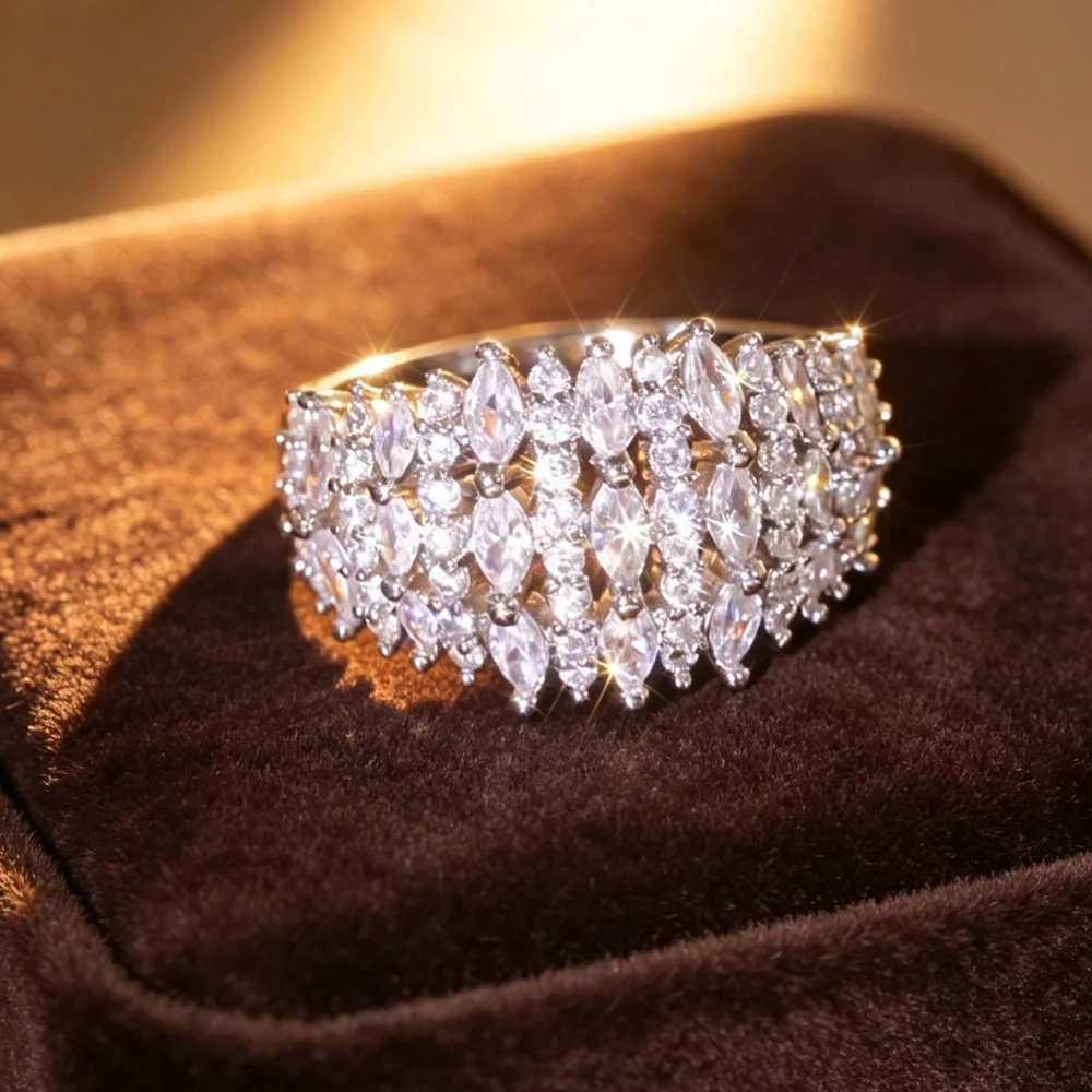 1PC Luxury Wide Band Metal Ring with clustered marquise layered design, exquisite sparkling craftsmanship. Suitable for daily wear, banquet parties, anniversary, proposal, ideal gift for lovers and friends.