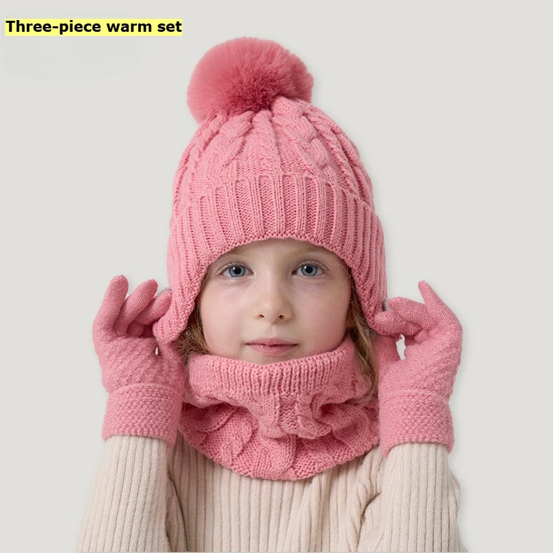 

Three-piece set of children's hats, scarves and gloves, warm autumn and winter baby hats, plush hats