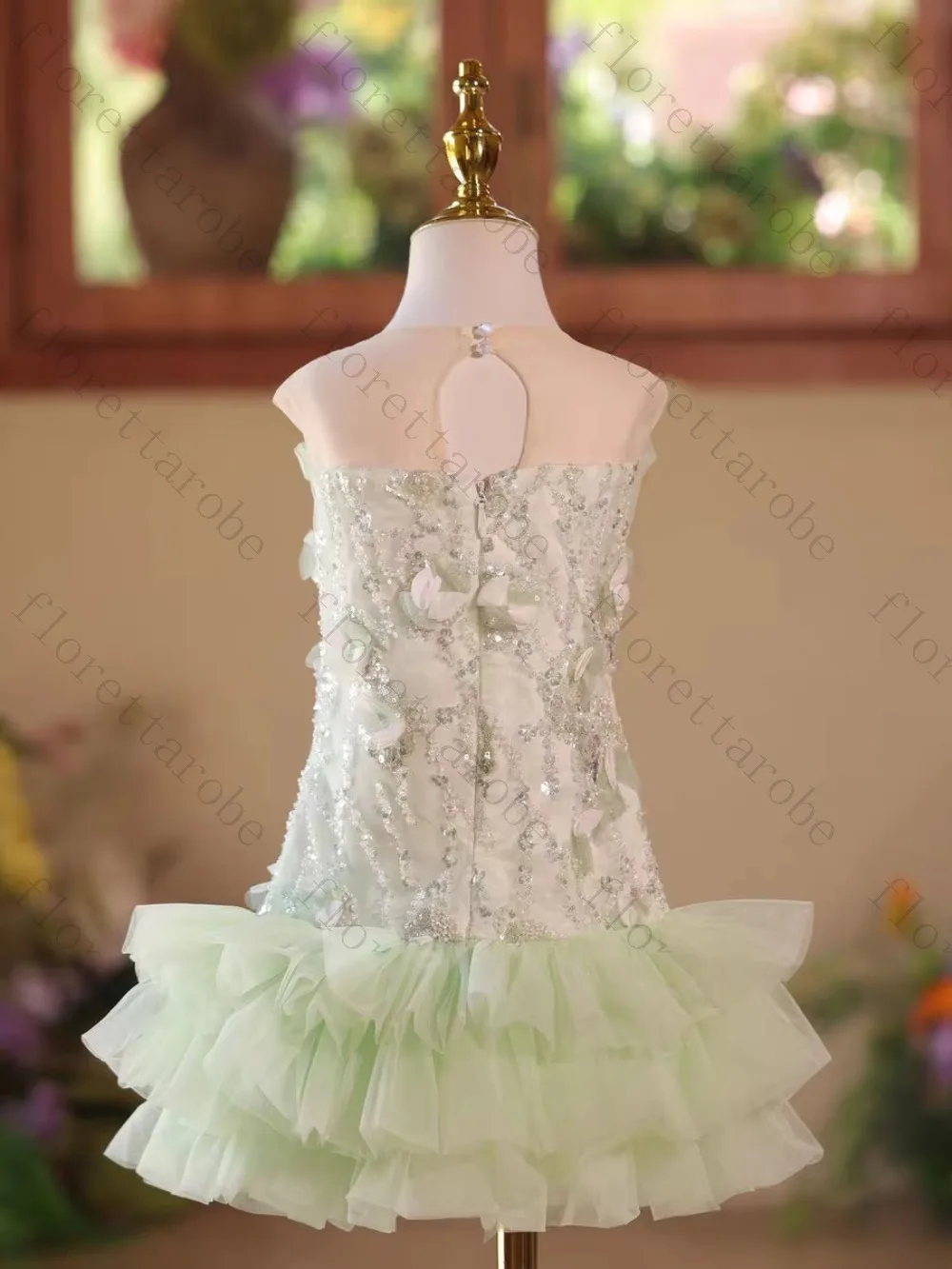 Customized Green Flower Girl Dress A Line Short Off Shoulder Sleeveless Tulle Sequin Pearl Beaded Ruffle Wedding Kids Party Gown