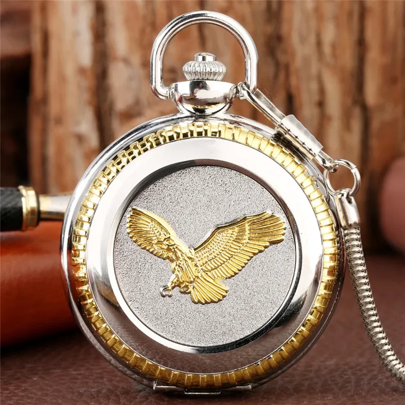 Large Size Golden Eagle Design Men Women Silver Quartz Movement Pocket Watch Roman Number Display with Pendant FOB Chain Gfit