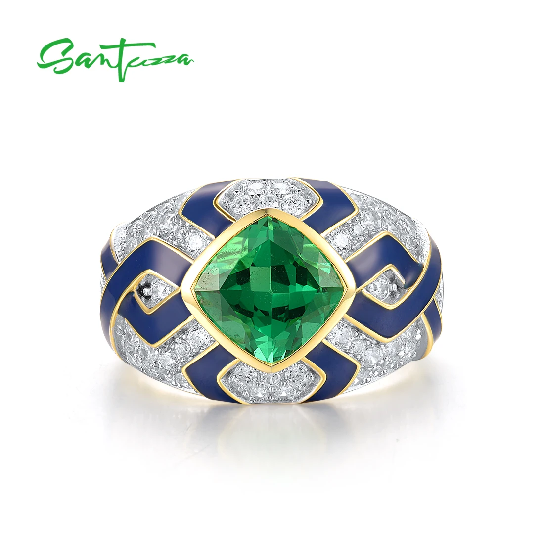 SANTUZZA Genuine 925 Sterling Silver Rings For Women Sparkling Green Spinel Modern Enamel Party Elegant Wedding Fine Jewelry