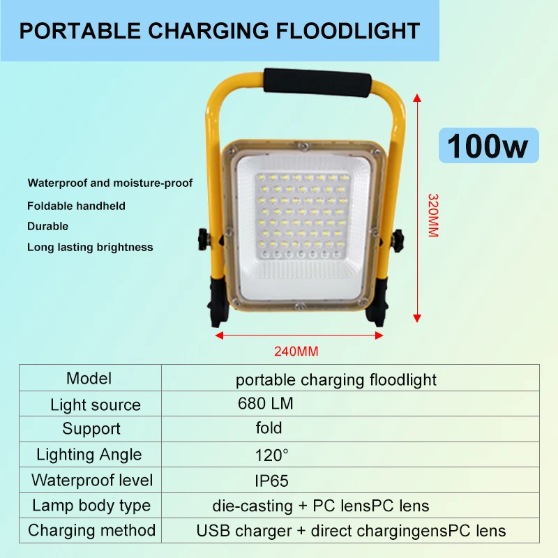 50W 100W Led Oplaadbare Schijnwerper Waterdichte Outdoor Nood Led Li-Ion Batterij Schijnwerper Zoeklicht Draagbaar Flitslicht