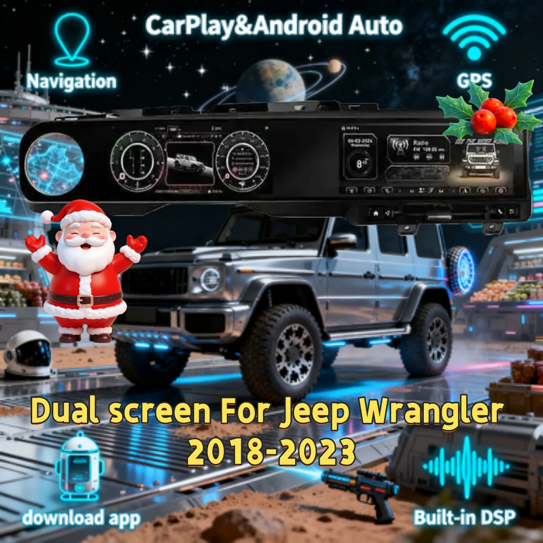 

Для Jeep Wrangler 2018-2023 двойной экран Android беспроводной Carplay мультимедийное радио ЖК-дисплей приборная панель цифровой кластер навигационная головка
