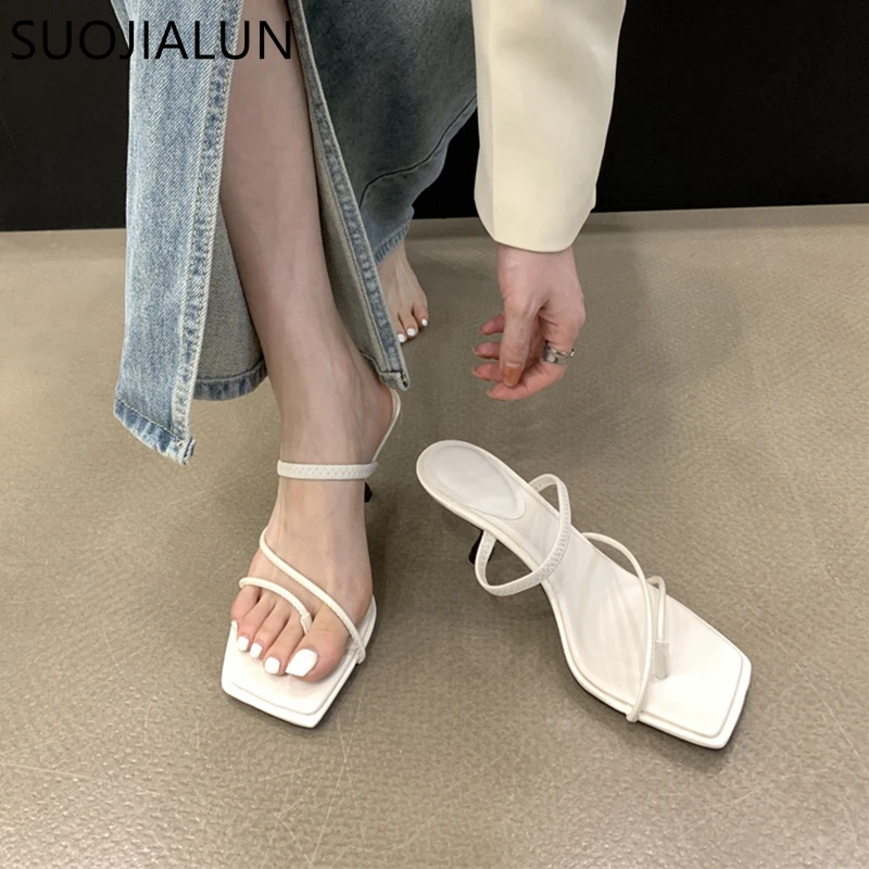 SUOJIALUN 2023 Summer Narrow Band Women Slipper Fashion Square Toe Slip On Ladies Elegant Gladiator Sandal Thin High Heel Slides