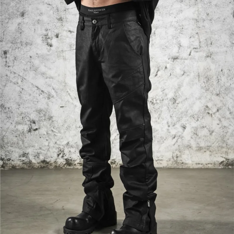 Dark Handmade Coating Brush Wax Black Straight Pants Trousers for Men and Women