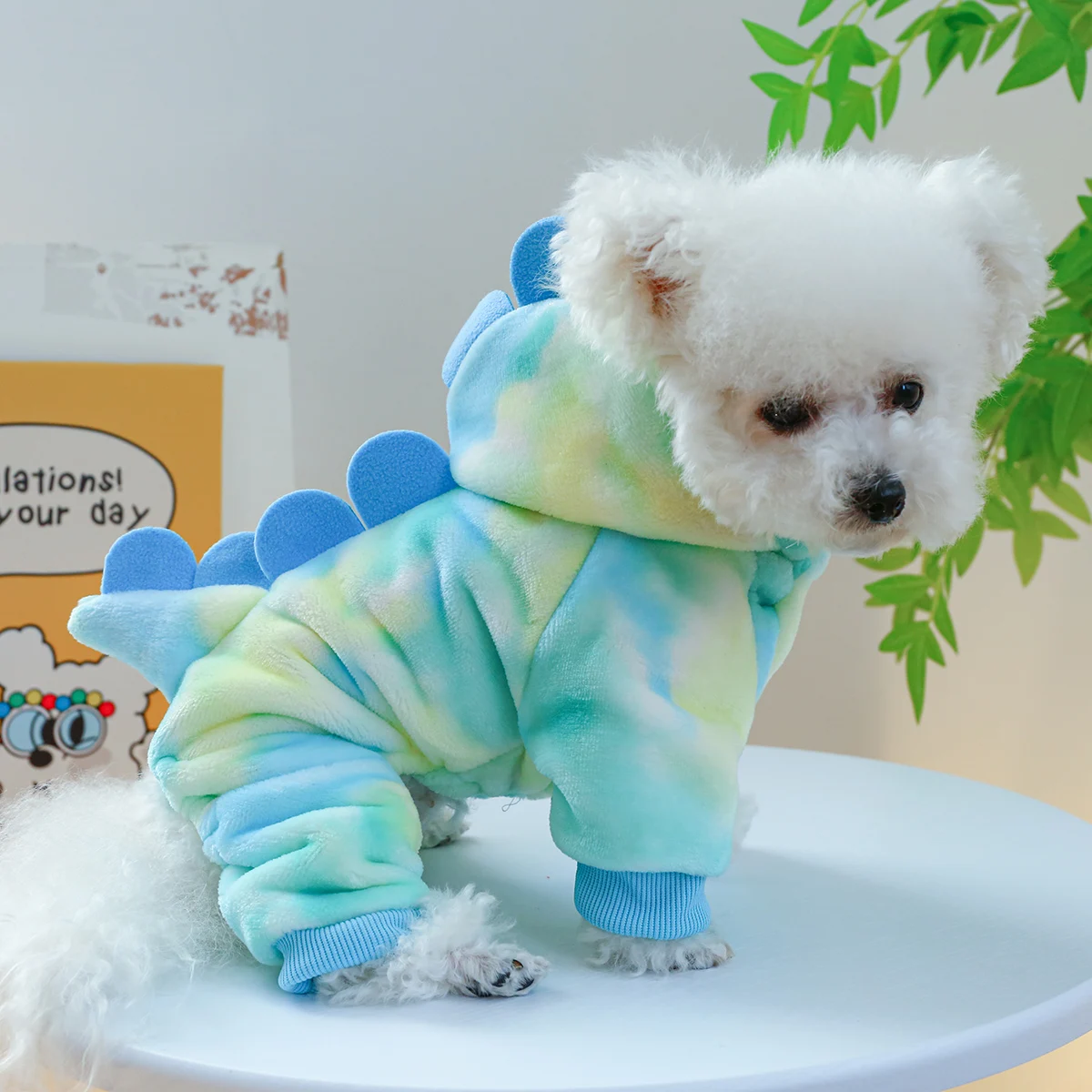 1PC Pet Apparel Dog Autumn and Winter Coral Plush Thickened Warm Colorful Blue Dinosaur Four legged Hoodie For Small Medium Dogs