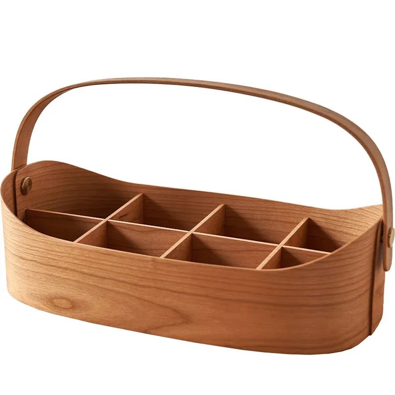 Mir à Main Rétro en Bois Massif, Boîte à Cosmétiques Minimaliste Japonais, Design Multi-Grille, Boîtes de Rangement, Bureau de Scène Polyvalent