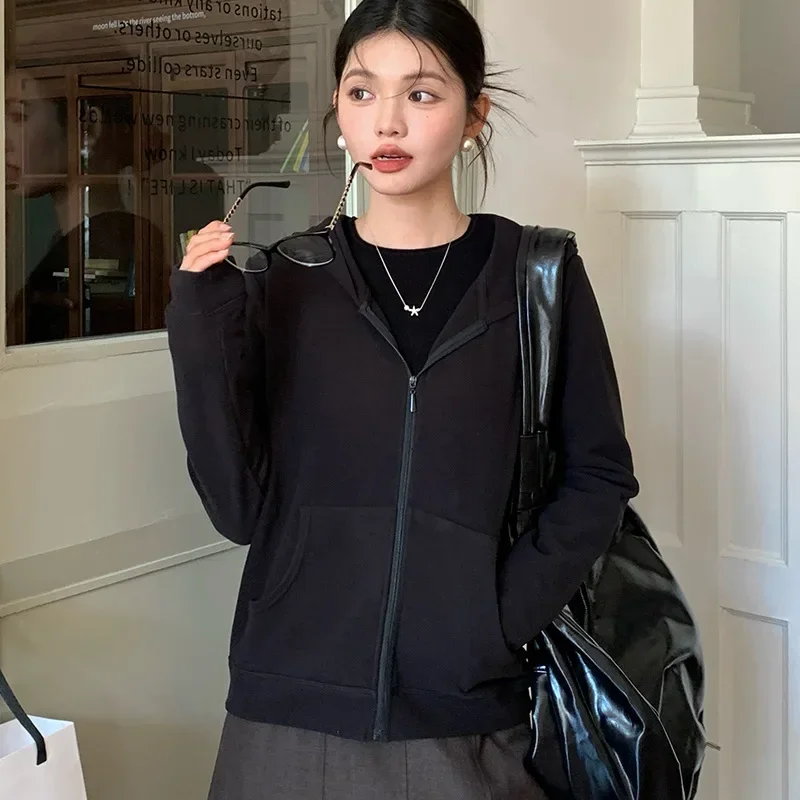 

Soft Thick Zipper Casual Hooded Sweater Coat Women's New Style Pure Color Fall Winter Outerwear Comfortable Cozy Top Jacket