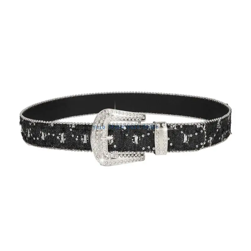 X7XB Adjustable Length Sash Rhinestoned Waistband Belt Unique Design PU Leather Girdle Secure Metal Fastener
