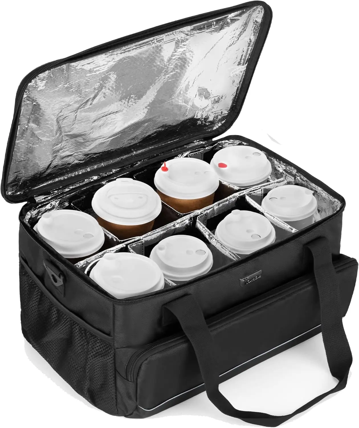 

Reusable Insulated Drink Carrier with Adjustable Dividers, Handle and Strap for Beverages and Food Take Out