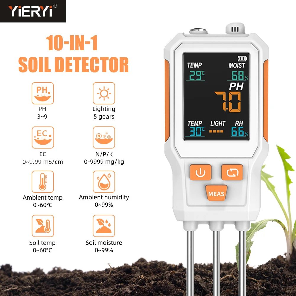 10 In 1 Soil Tester Color Screen NPK PH EC Fertility Soil Moisture Temp Light Air Humidity Detector For Farm Garden Potted Plant
