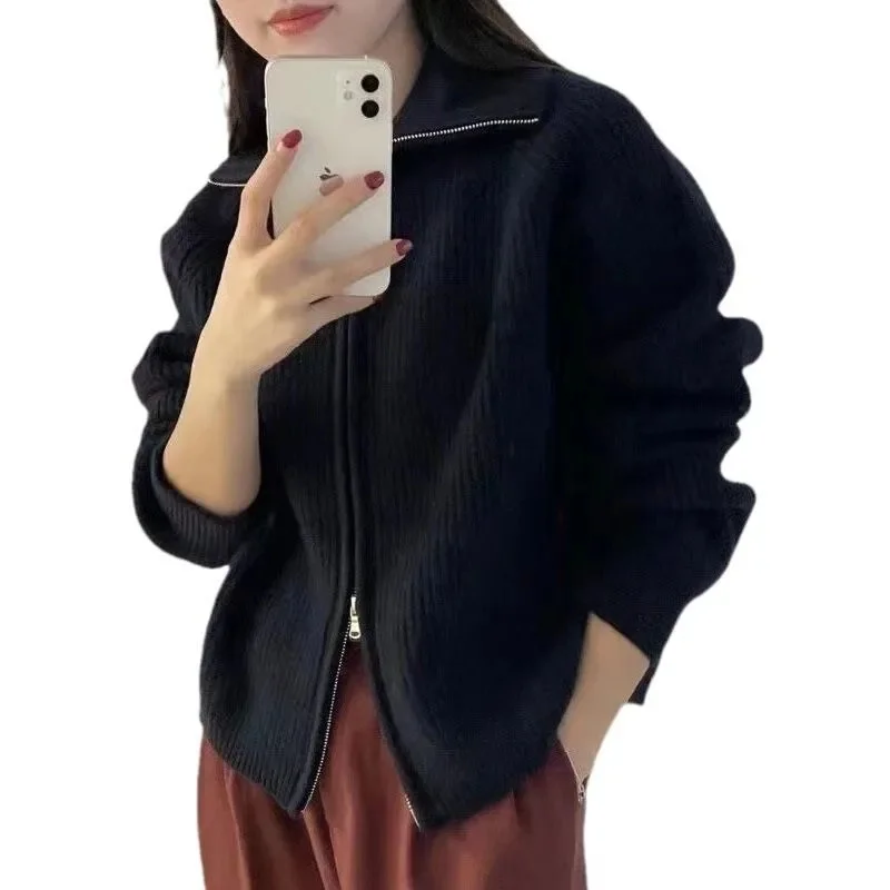 Zip-up Sweater Women Autumn and Winter 2024 New Knit cardigan Outerwear Loose All-Match Thickened Inner wear Lapel Top