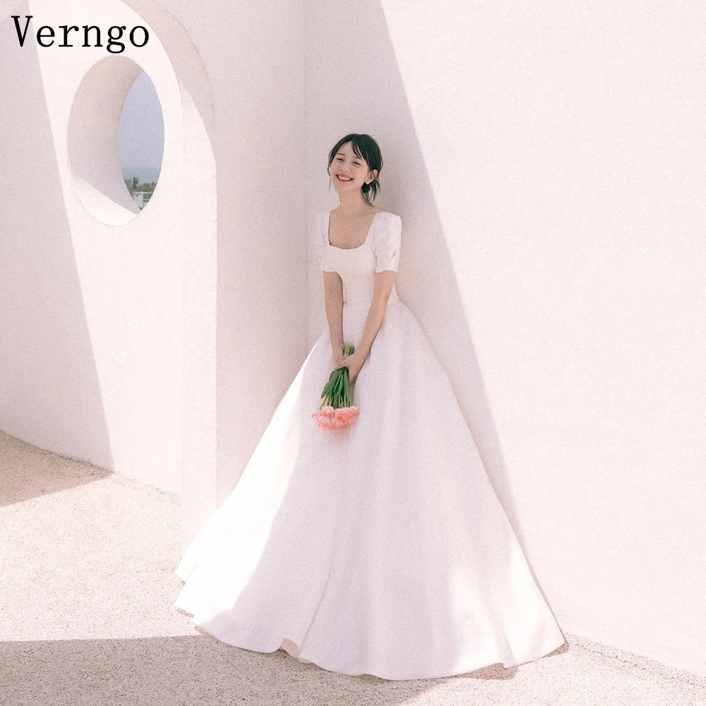 Verngo – robe de mariée élégante en Satin, col carré, manches courtes, ligne A, Simple, plissée, personnalisée