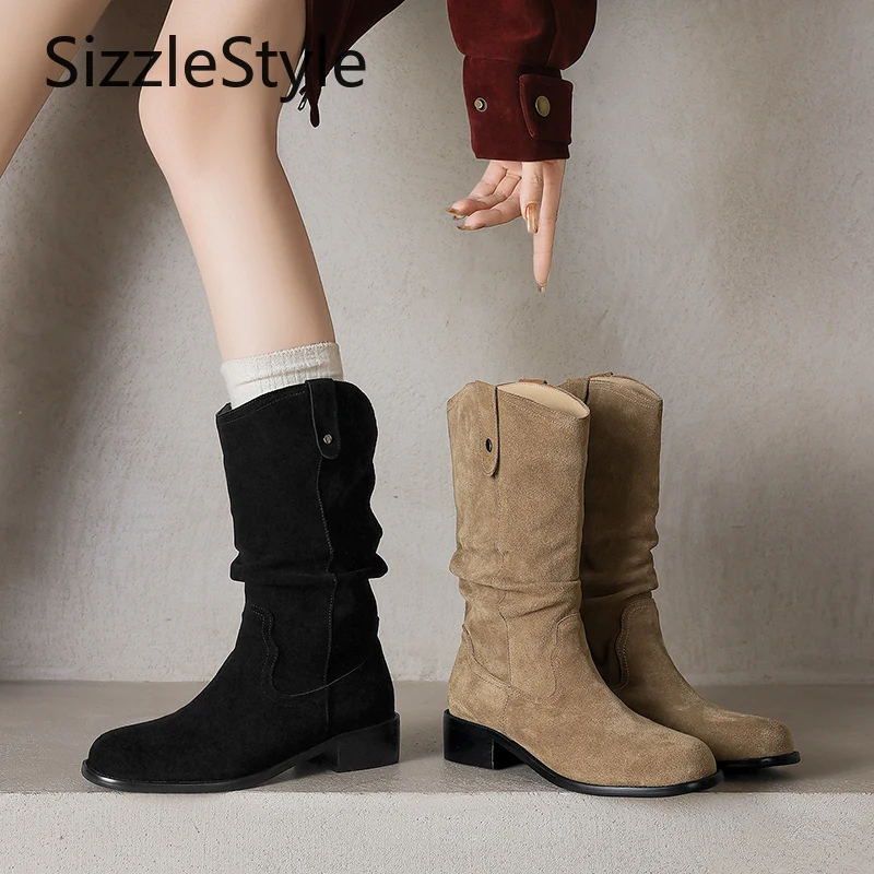 

Fashionable Women's Solid Color Round Toe Simple Sewing Line Pleated Rivet Decoration Comfortable Thick Heel Mid-calf Boots