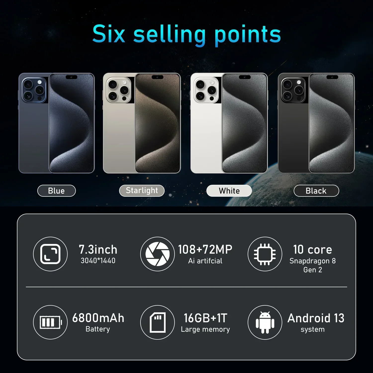 2024 nuovo I15 Pro Smartphone 7.3 HD secondo schermo cellulare 5G Android13 cellulare 16G + 1T Dual Sim Celulares 108MP 6800Mah