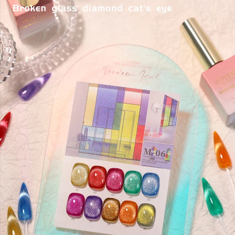 Vendeeni 10 Colors Candy Glass Broken Diamond Cat Eye Gel Nail Polish Soak Off UV LED Glitter Manicure Magnet Nail Varnish
