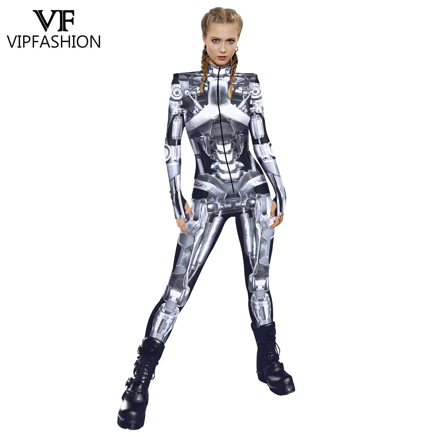 VIP FASHION Skeleton Halloween Cosplay Costume Woman Sexy Zentai Bodysuit Holiday Party Punk Jumpsuit Front Zipper Clothes