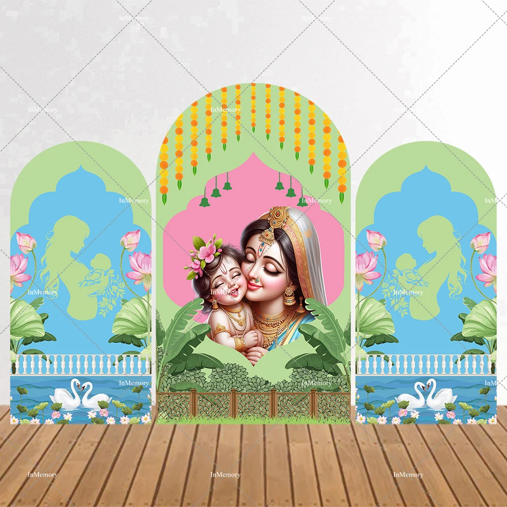 21 Options Indian Style Yasodha and Krishna Arch Backdrop Cover Floral Peacock Religion Pattern Background 2-sided
